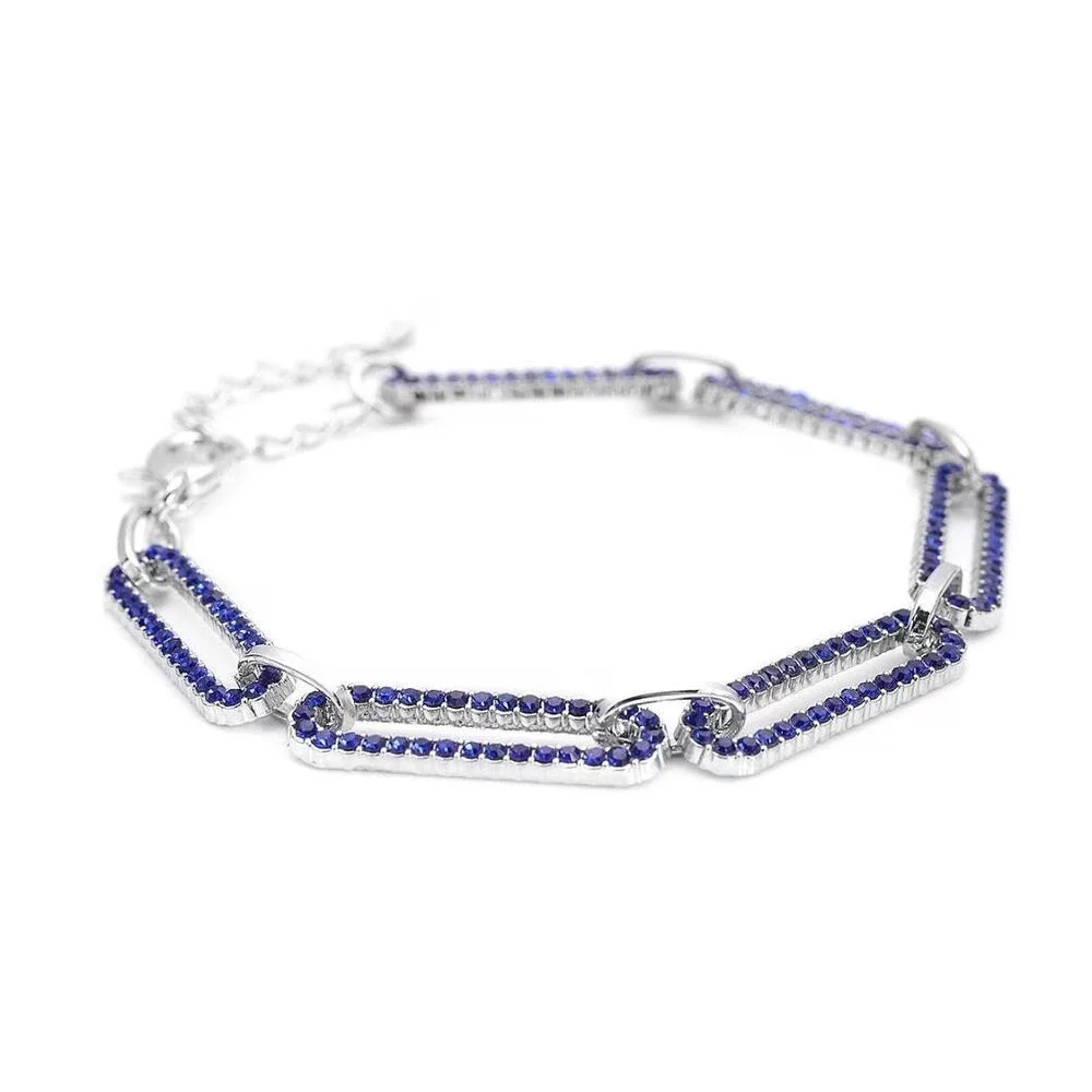 Blue Austrian Crystal Paperclip Chain Bracelet Silver Tone Adjustable 7.5-9.5
